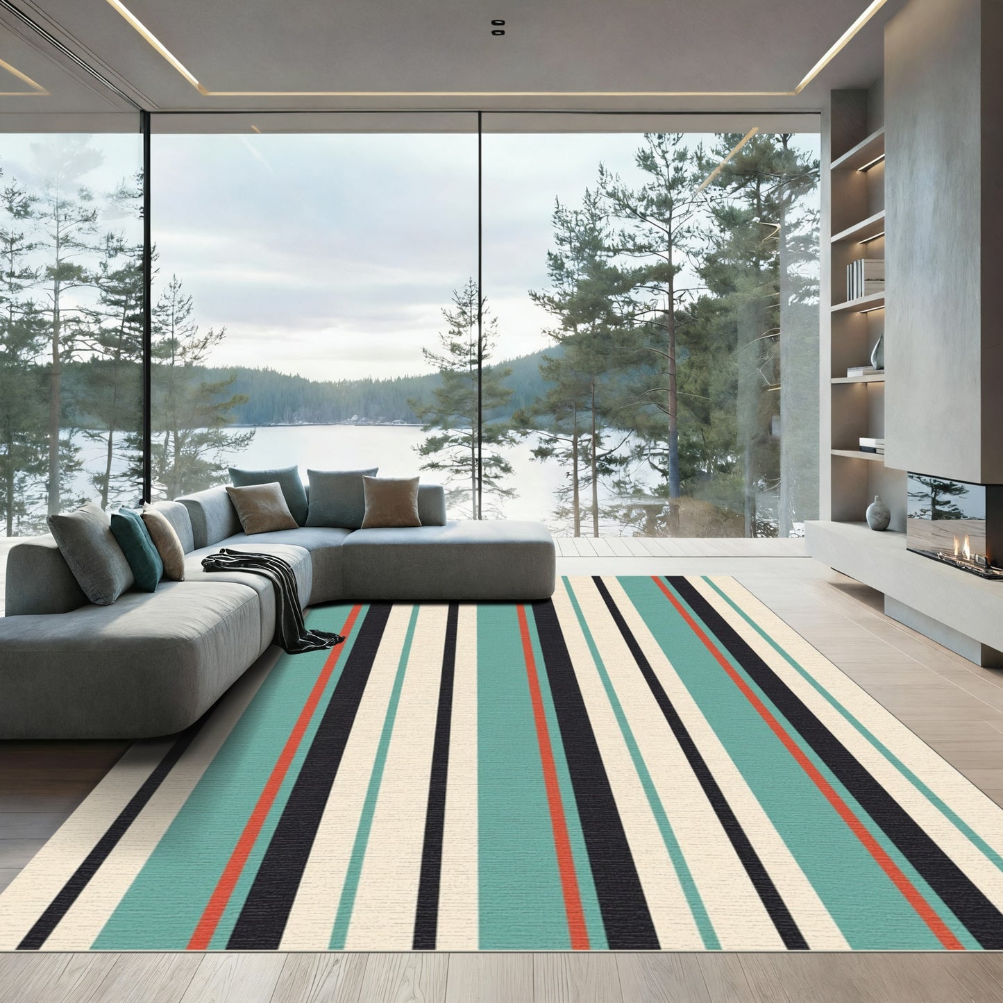 Retro Teal Orange Black Stripe Rug