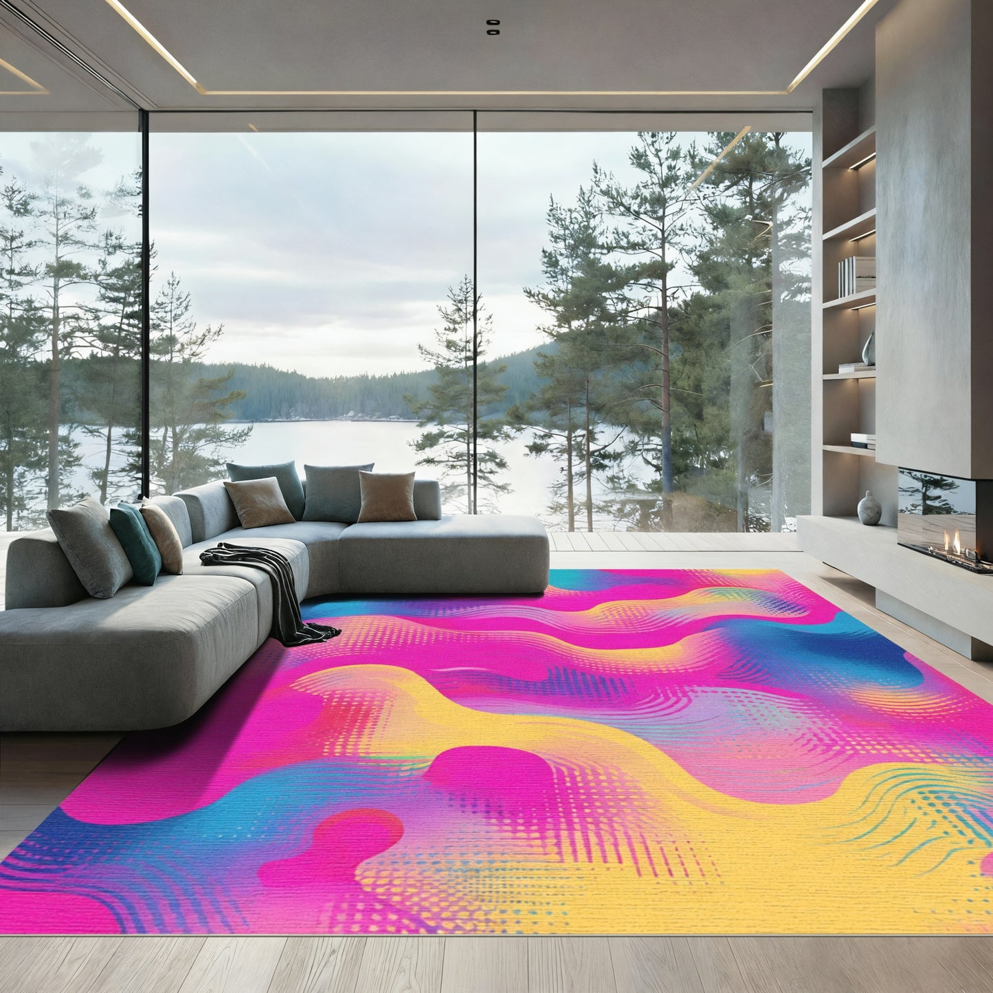 Vibrant Pink Yellow Blue Wave Abstraction Rug