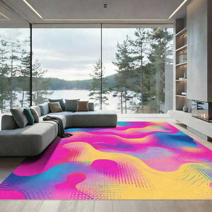 Vibrant Pink Yellow Blue Wave Abstraction Rug