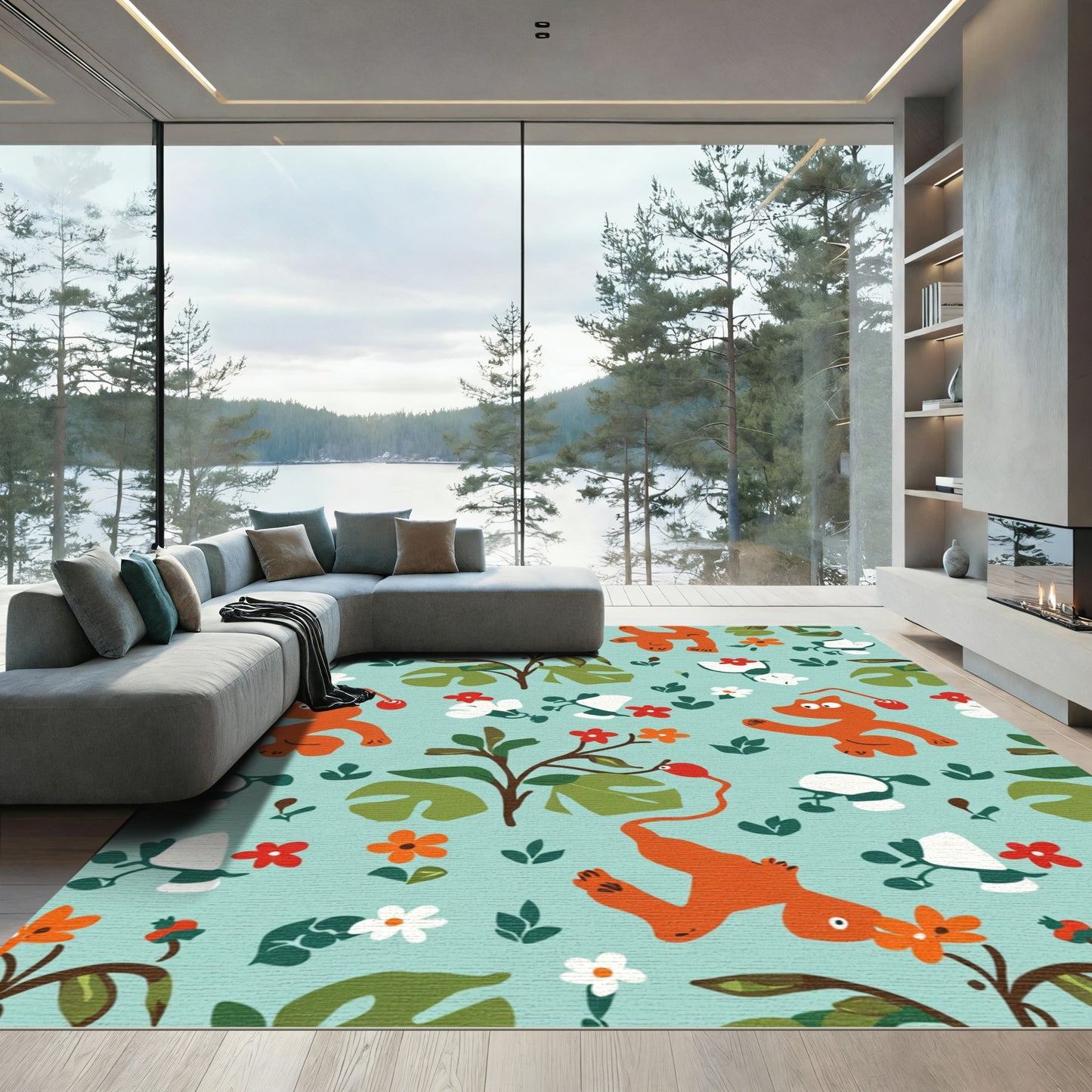 Orange Creatures With Foliage And Flowers Rug