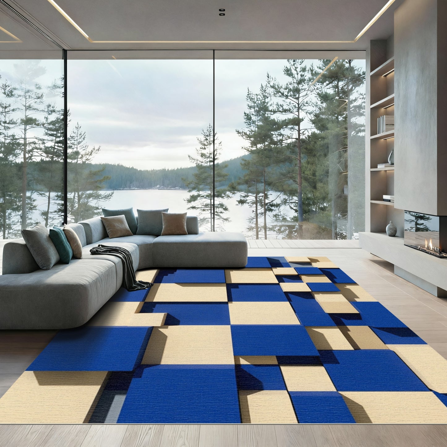 Modern Blue and Cream Geometric Block Rug