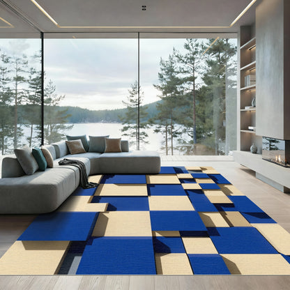 Modern Blue and Cream Geometric Block Rug