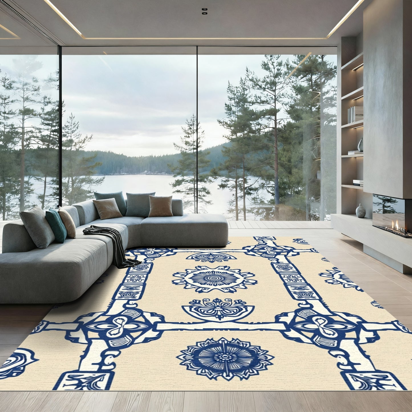 Indigo Blue Symmetry Medallion Tapestry Rug