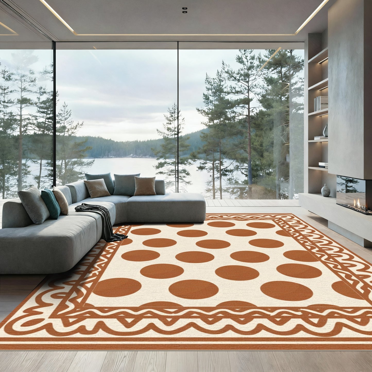 Cream Brown Polka Dot Border Rug