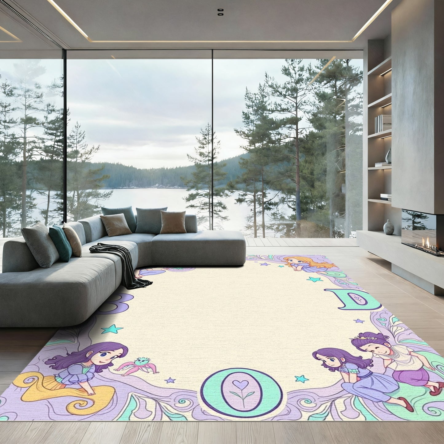 Whimsical Lavender Girls Star Border Rug