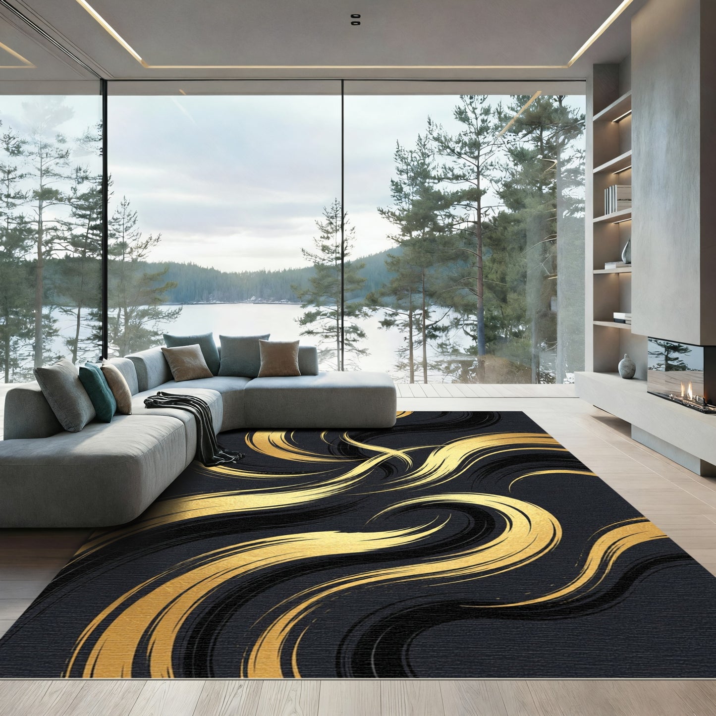 Elegant Gold Black Curving Abstract Waves Rug