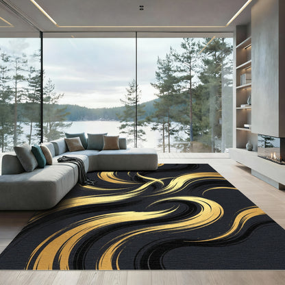 Elegant Gold Black Curving Abstract Waves Rug