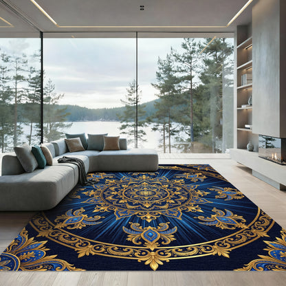 Ornate Navy Blue Golden Filigree Medallion Rug