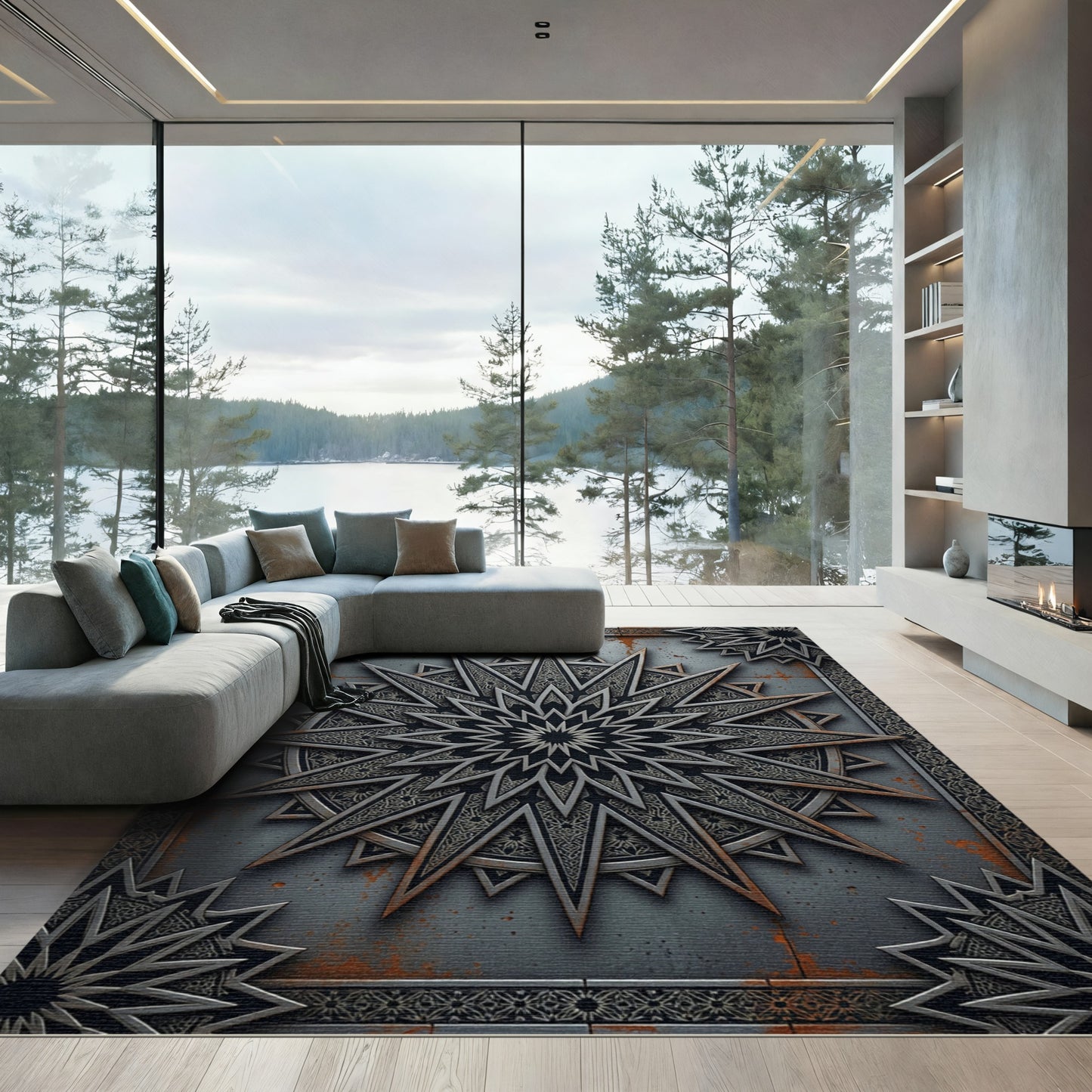 Industrial Metallic Starburst Geometric Medallion Rug
