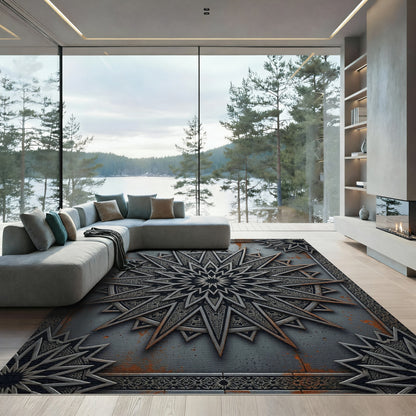 Industrial Metallic Starburst Geometric Medallion Rug