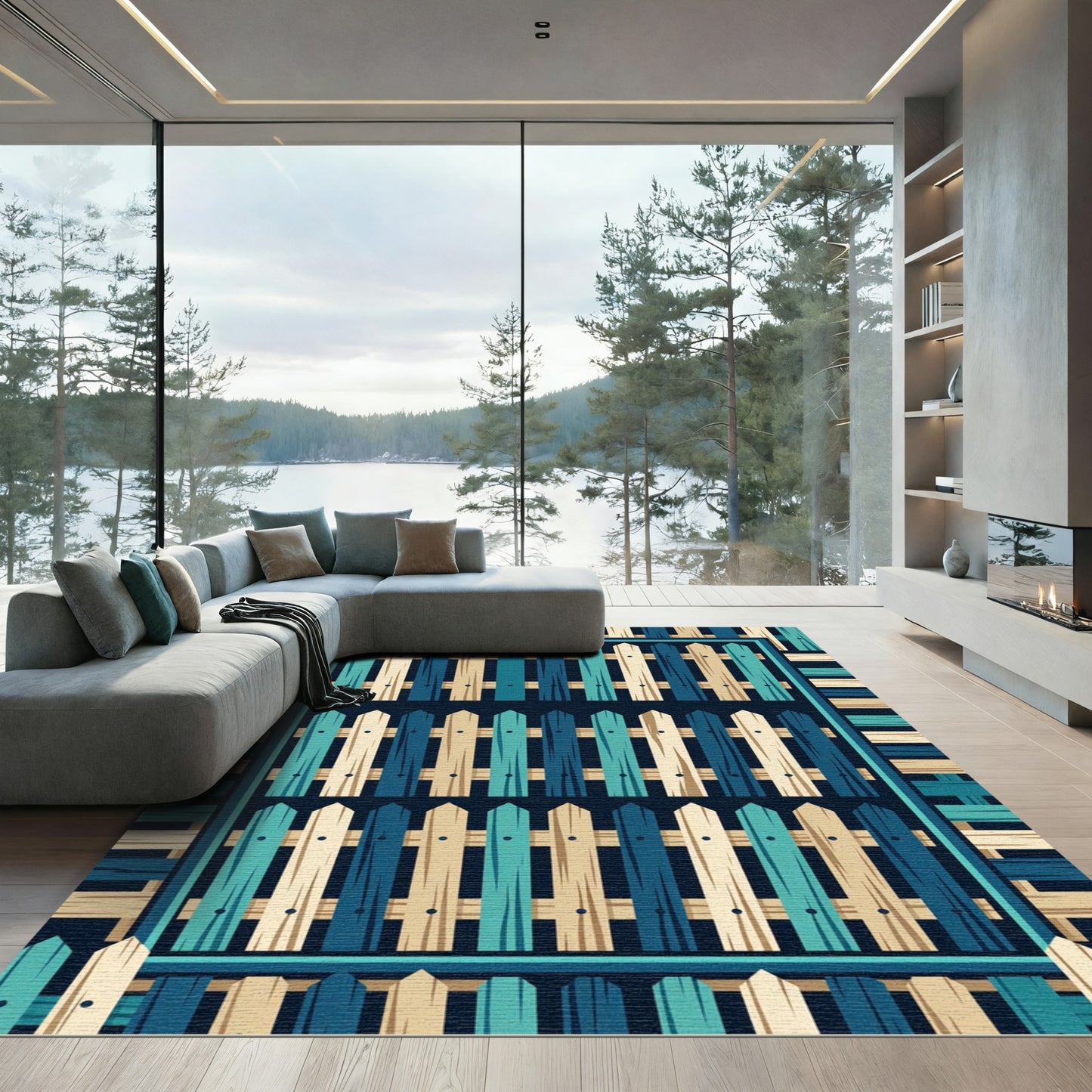 Coastal Blue Wooden Fence Stripes Rug