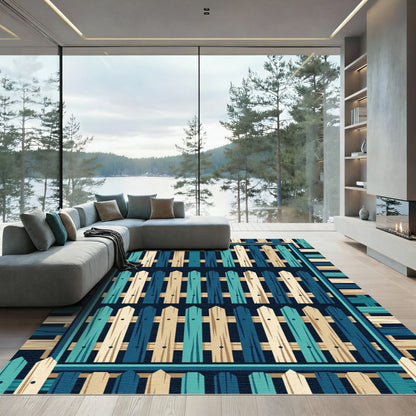 Coastal Blue Wooden Fence Stripes Rug