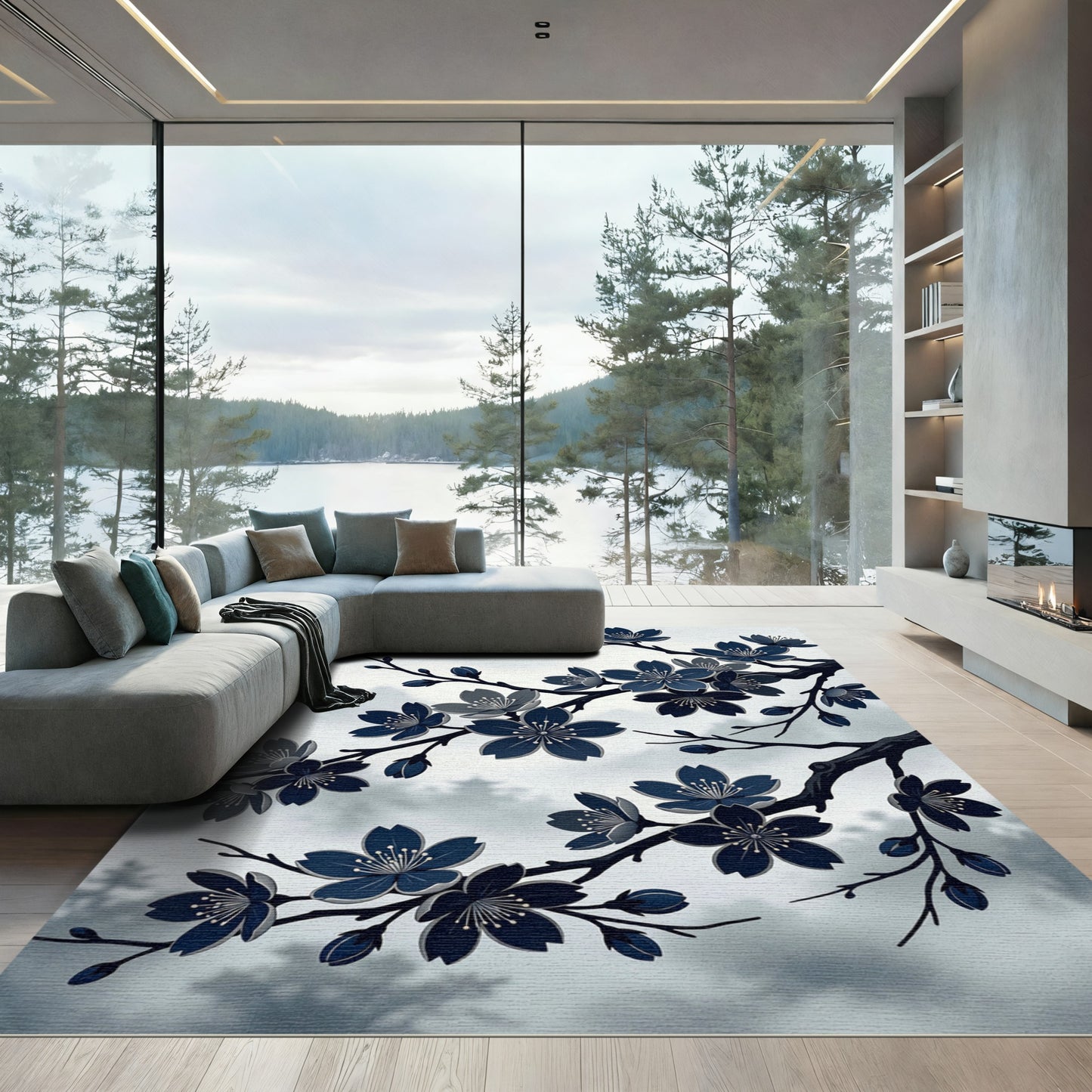 Elegant Navy Blue Cherry Blossoms Rug