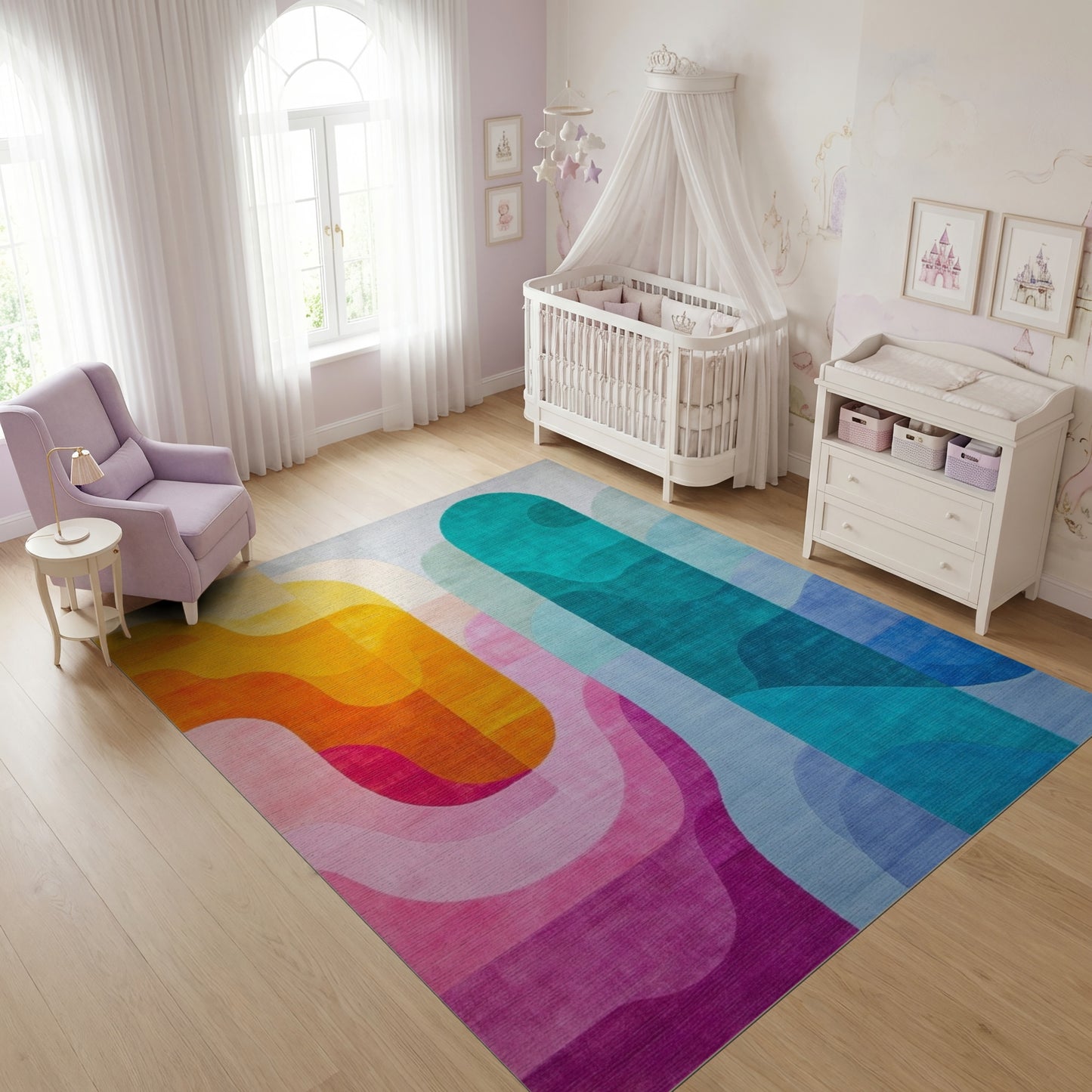 Vibrant Orange Teal Wavy Abstract Rug