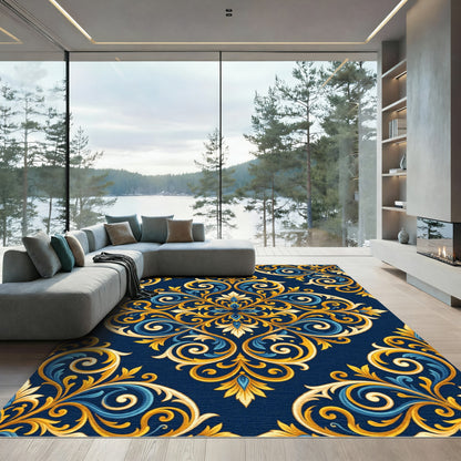 Regal Gold and Blue Damask Scroll Rug