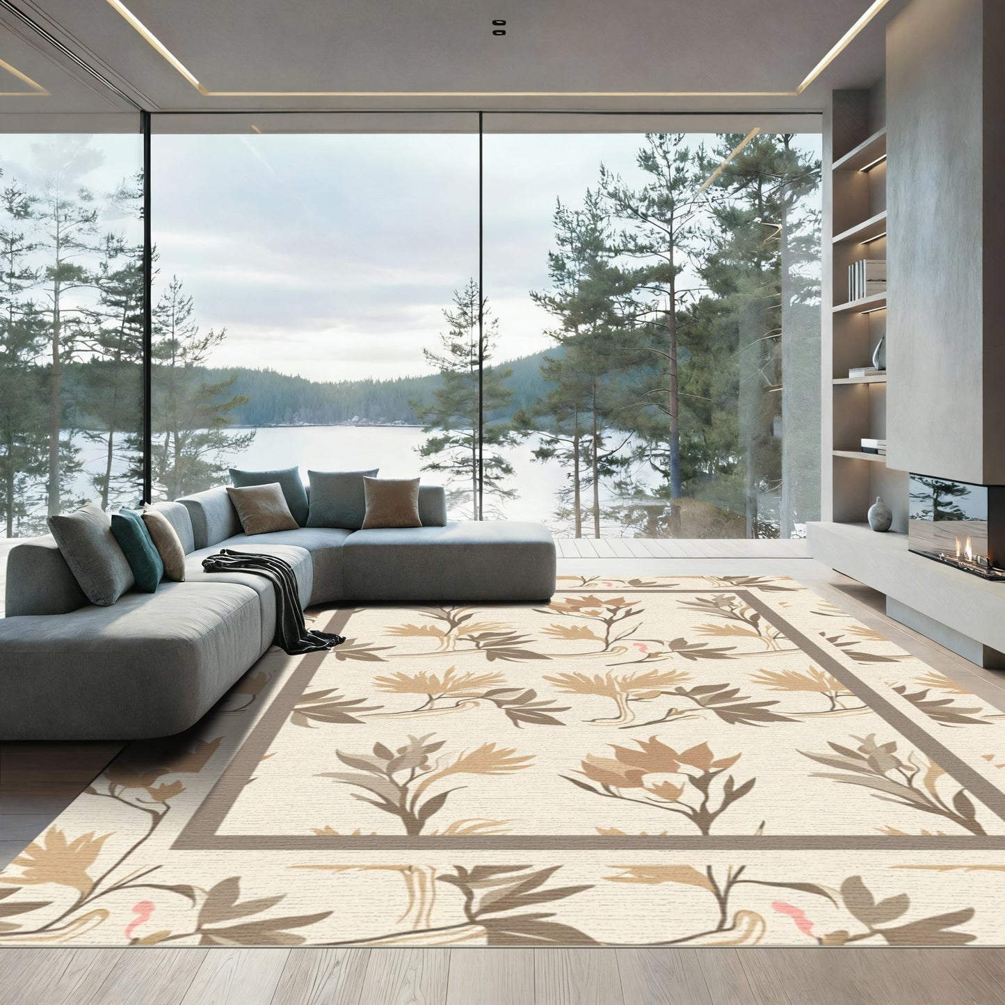 Earthy Beige Floral Art Nouveau Rug