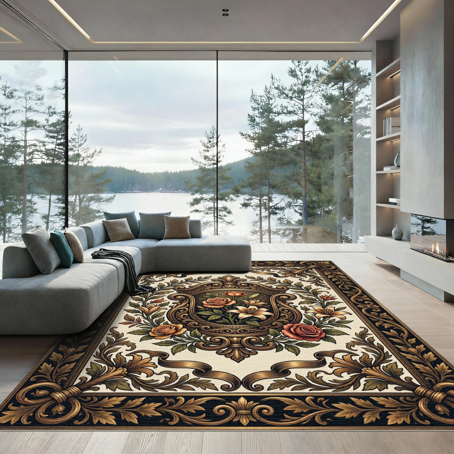 Antique Gold Ornate Rose Lily Medallion Rug