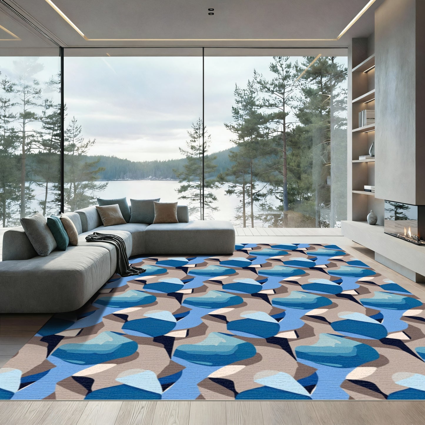 Deep Blue Abstract Organic Form Rug
