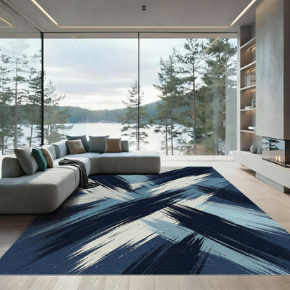 Modern Navy and Slate Abstract Brushstroke Rug