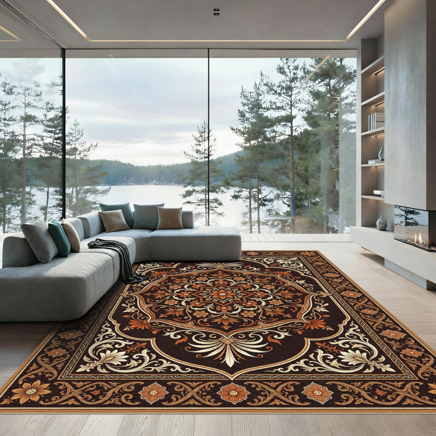 Dark Chocolate Ornate Floral Medallion Rug