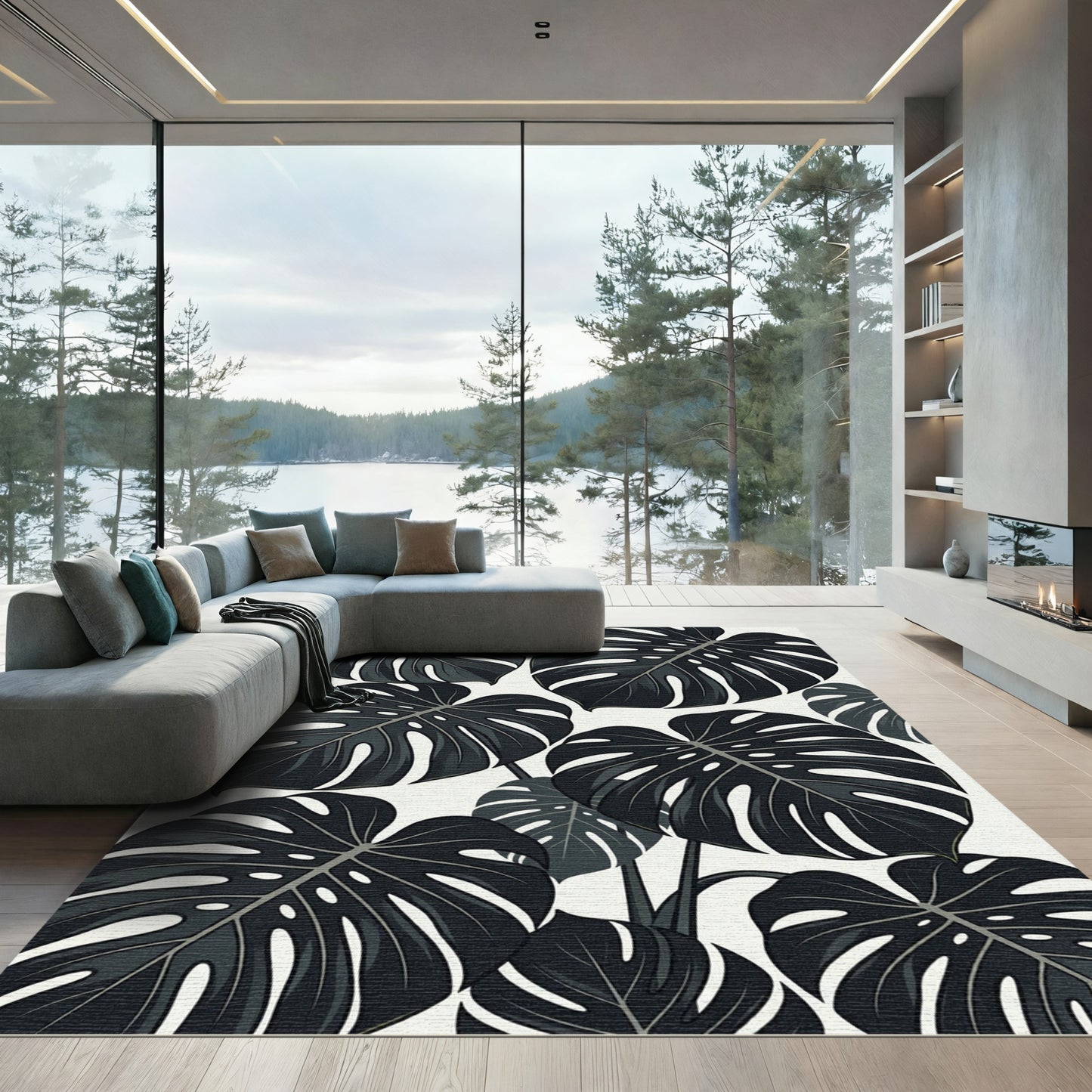 Monstera Leaves Dark Foliage Splash Rug