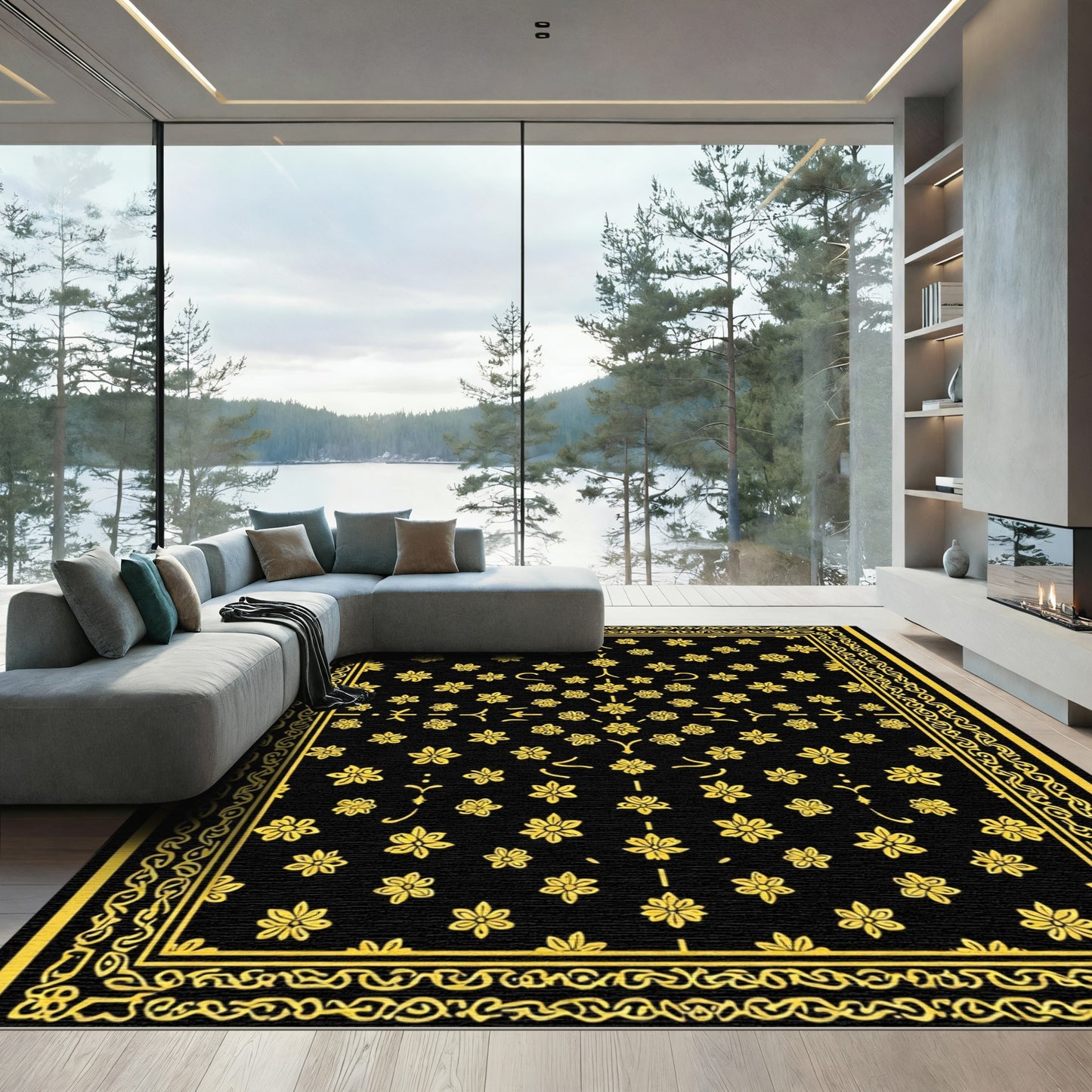Black and Yellow Floral Scatter Rug
