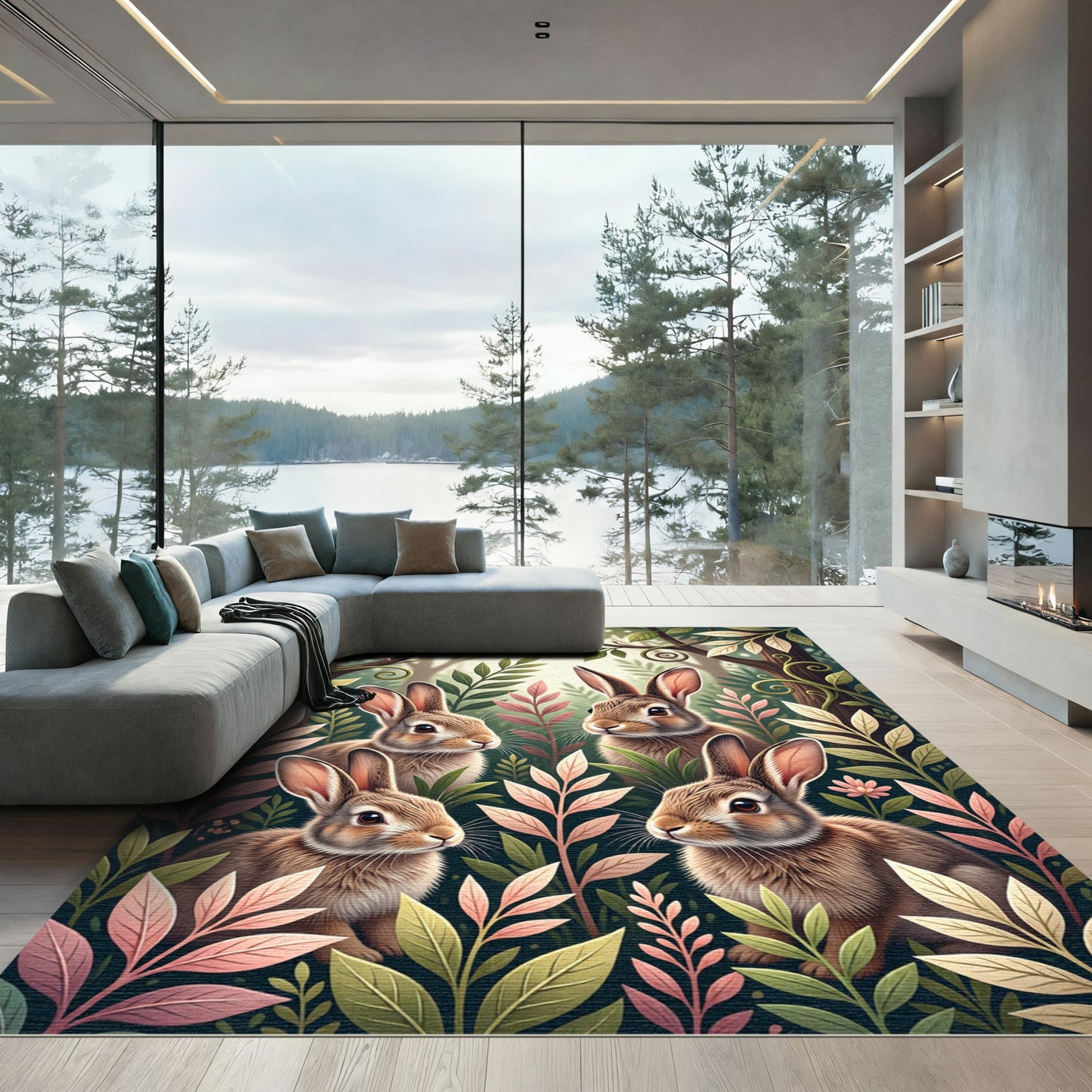 Enchanted Woodland Rabbits and Foliage Rug