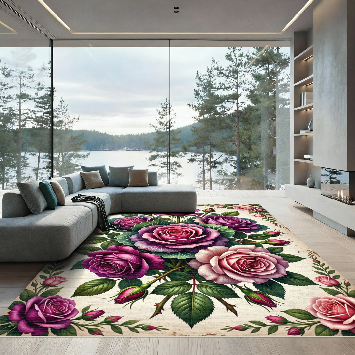Elegant Magenta and Blush Rose Bouquet Rug