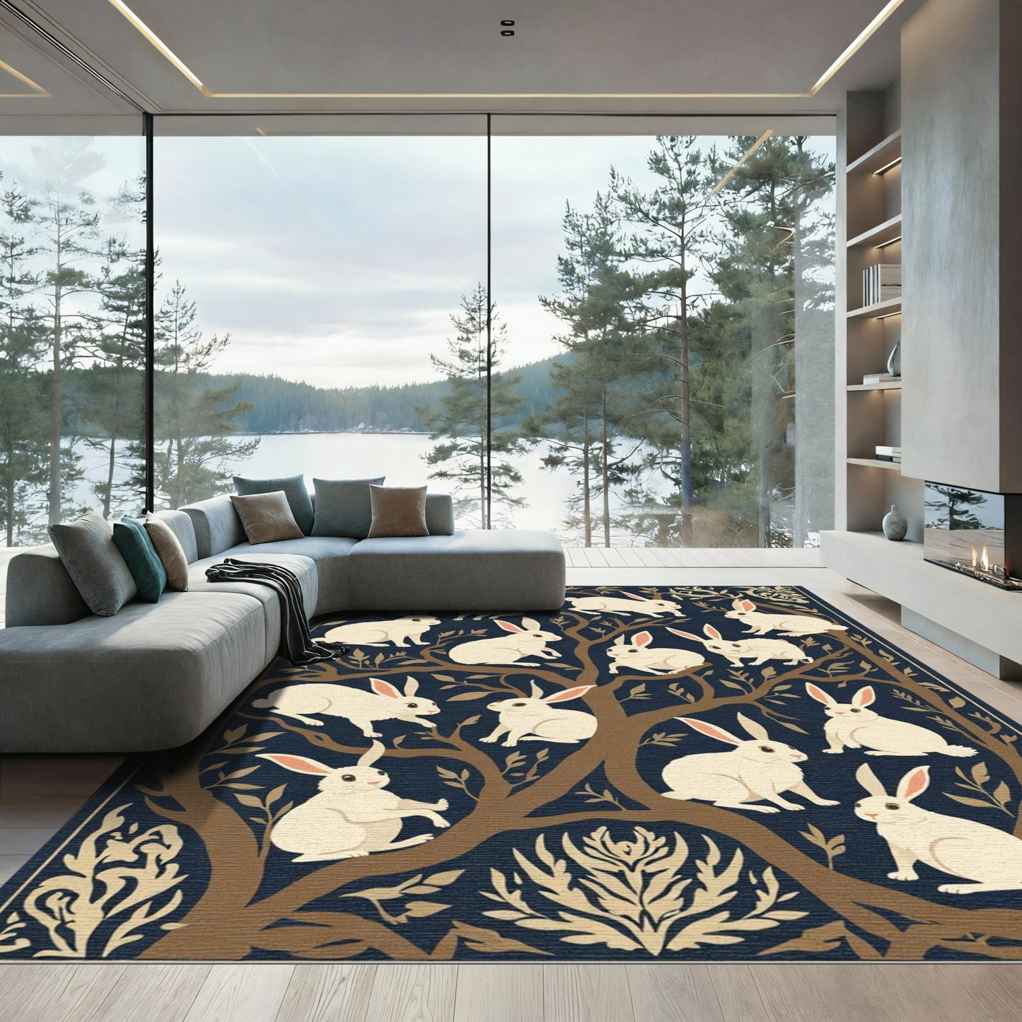 Cream Rabbits Dark Botanical Branches Rug