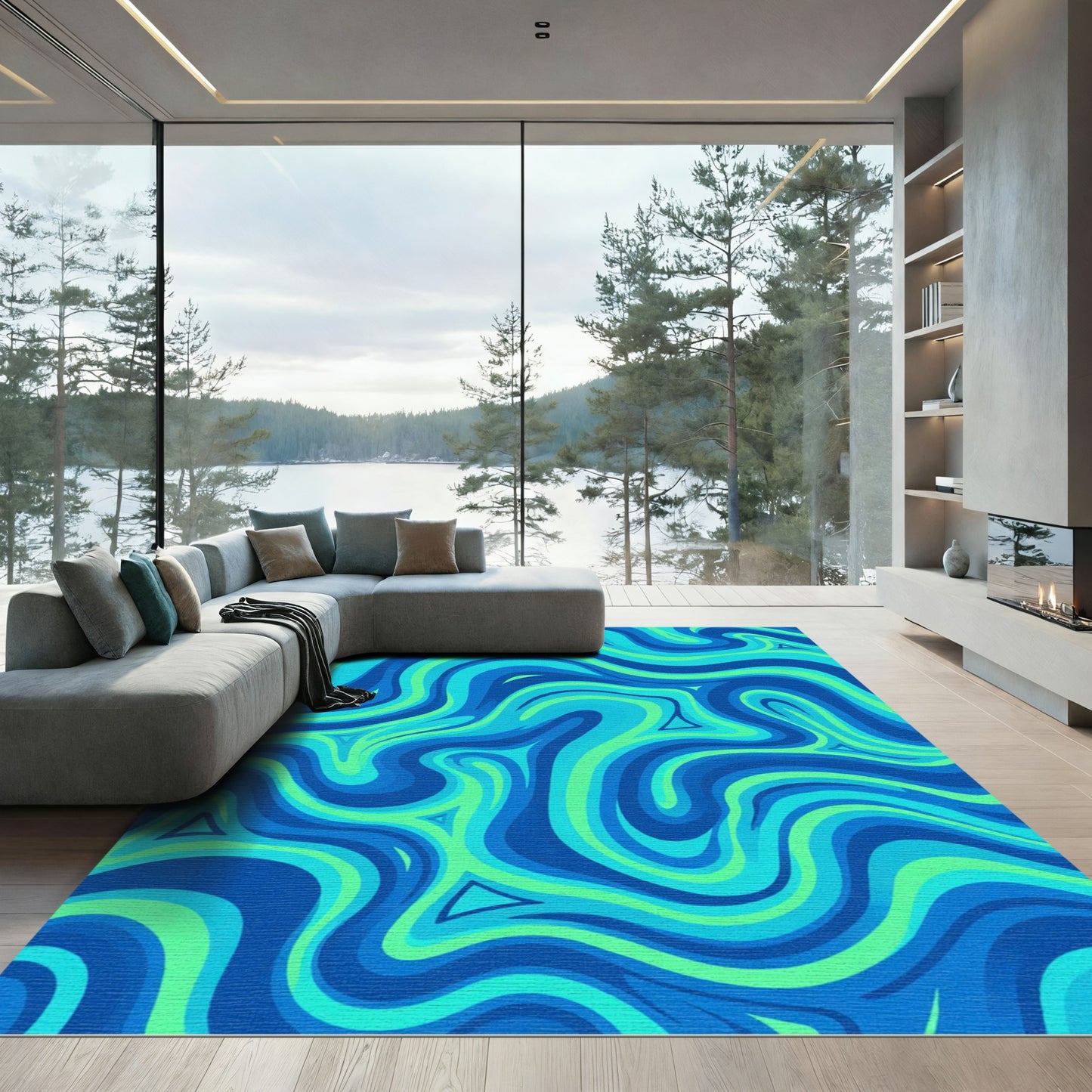 Blue Green Swirling Waves Rug