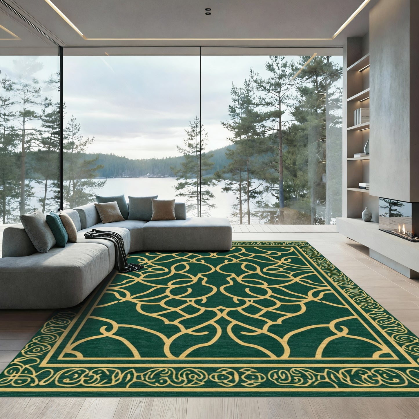 Deep Emerald Golden Interlocking Scroll Rug
