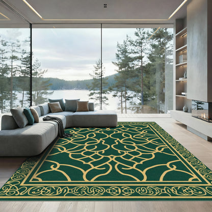 Deep Emerald Golden Interlocking Scroll Rug