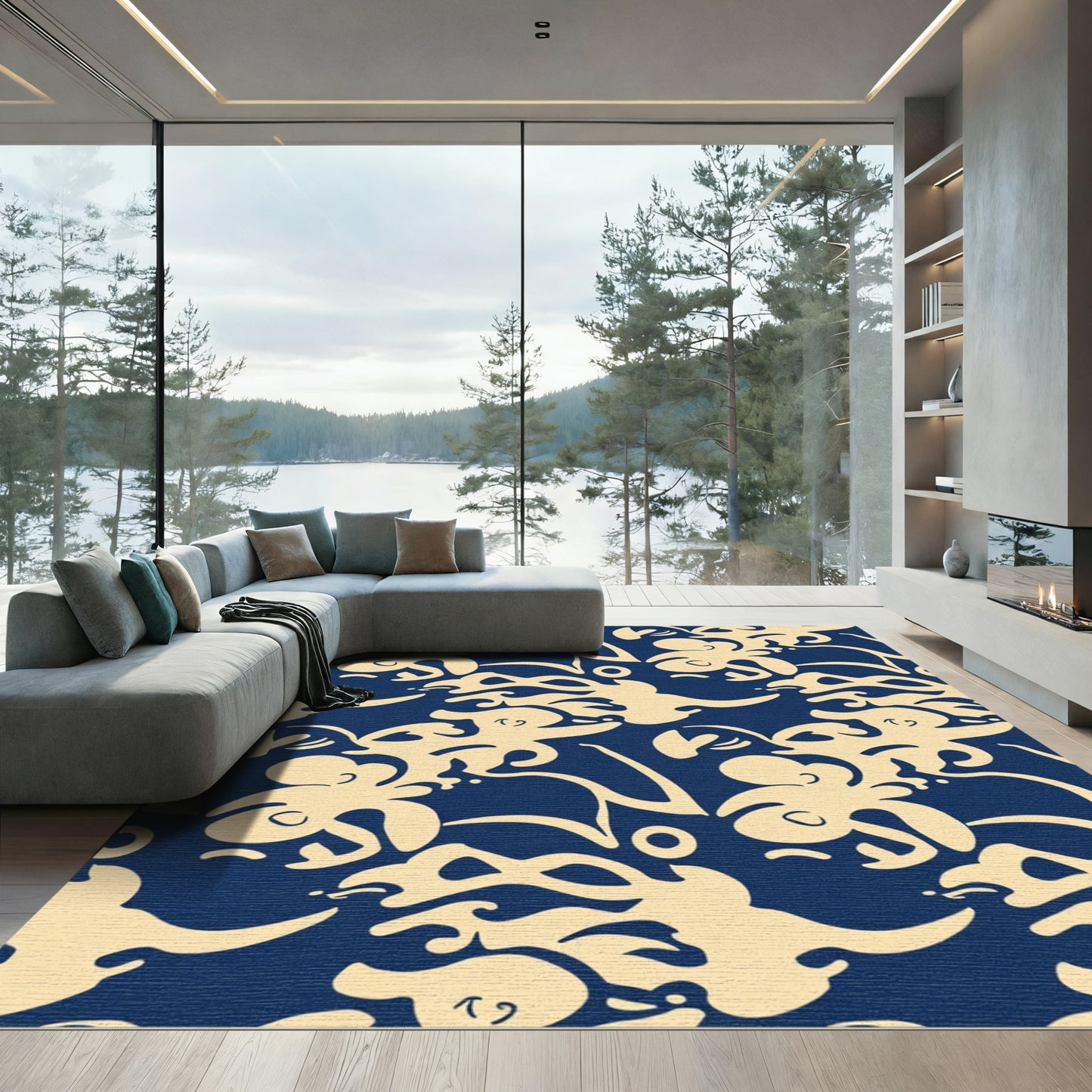 Navy Cream Abstract Floral Swirl Rug