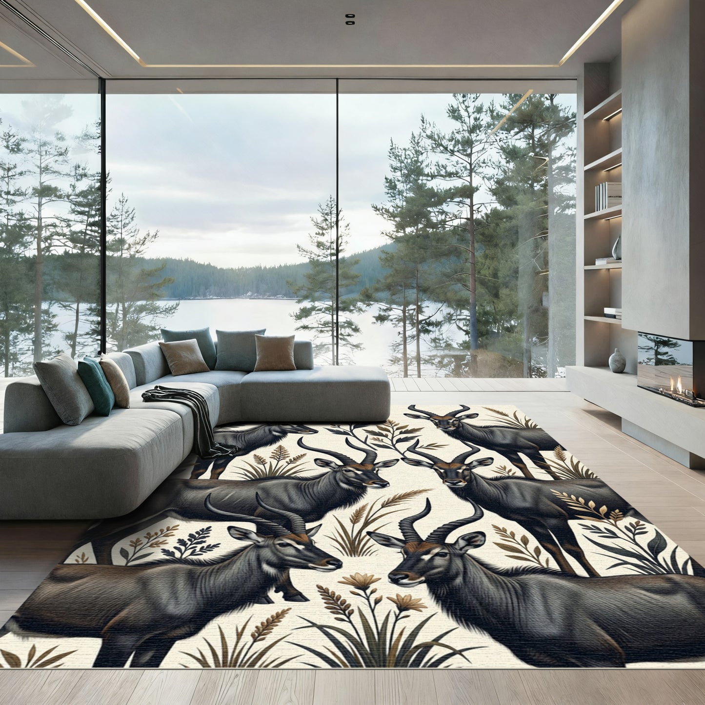 Earthy Gray Antelope Botanical Scene Rug
