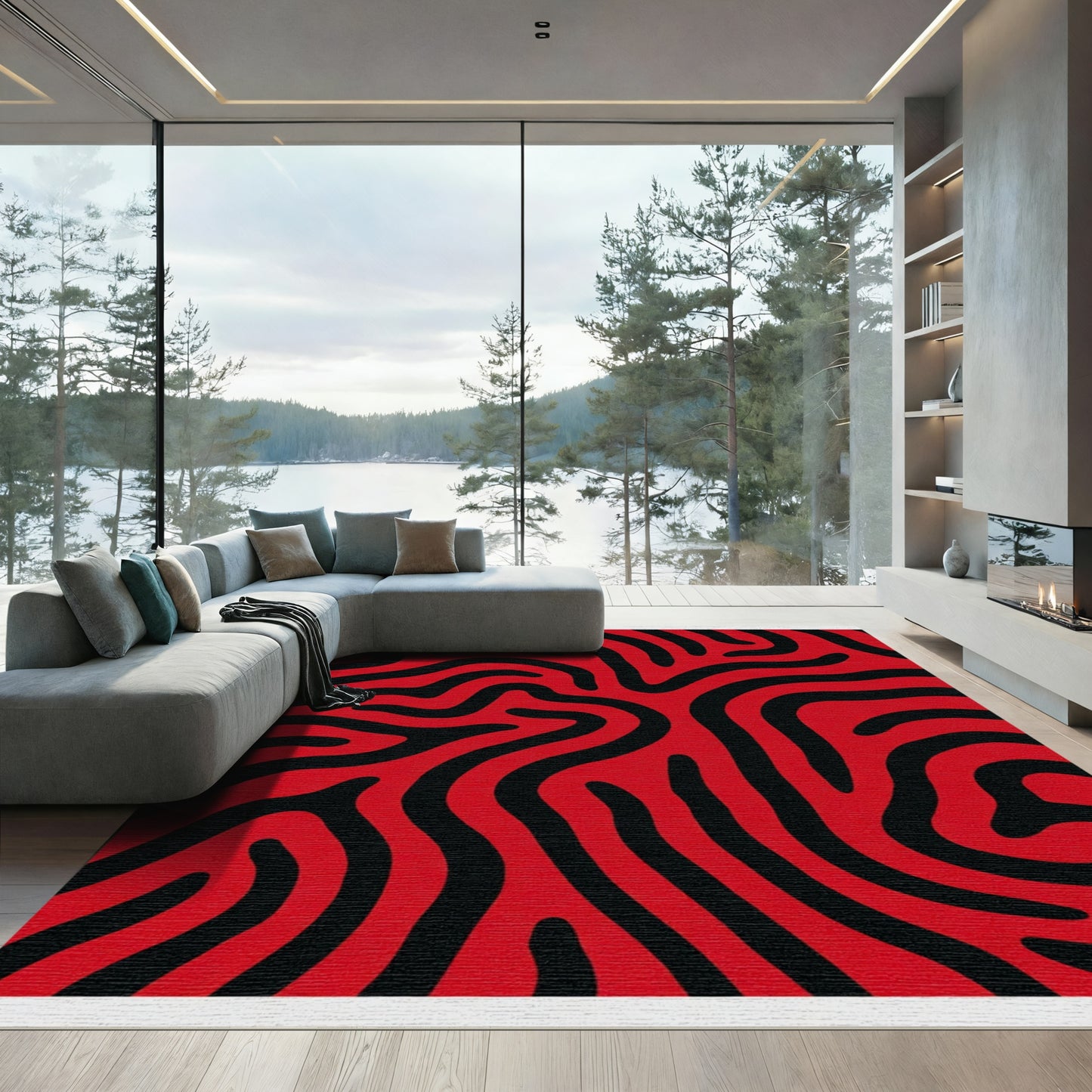Bold Red Black Organic Lines Rug