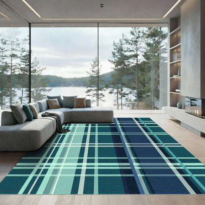Deep Teal Blue Plaid Lines Rug