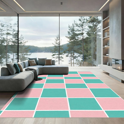 Coral Teal Grid Rectangles Rug