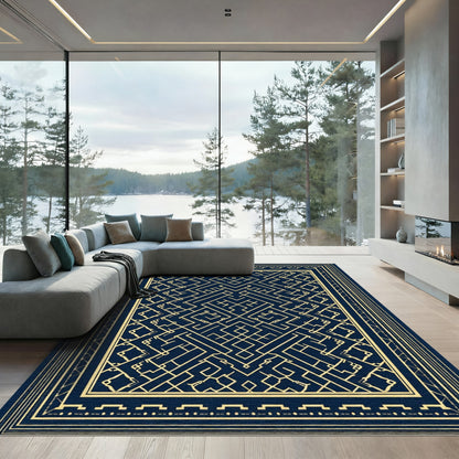 Deep Blue Golden Labyrinth Geometric Rug