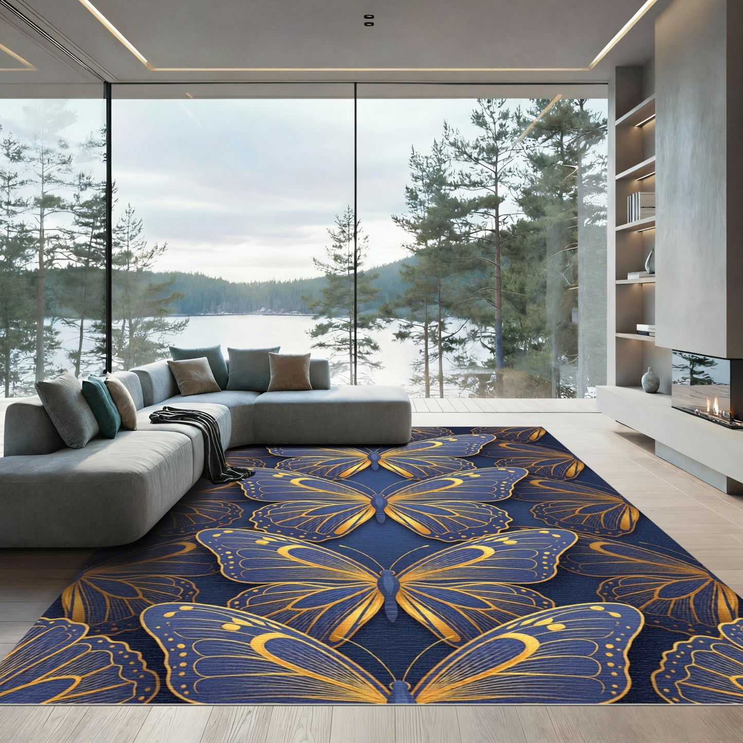 Golden Butterfly Symphony on Navy Blue Rug