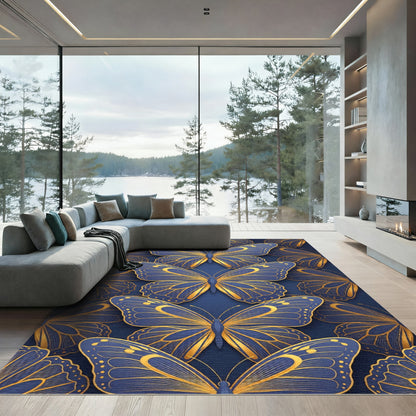 Golden Butterfly Symphony on Navy Blue Rug