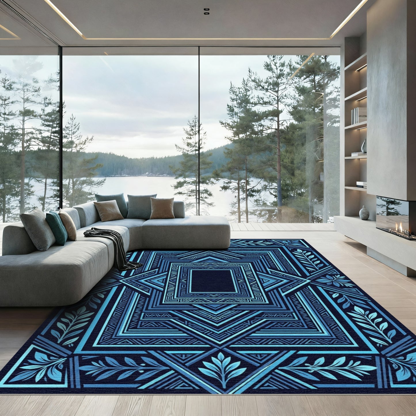 Deep Aqua Geometric Medallion Foliage Rug