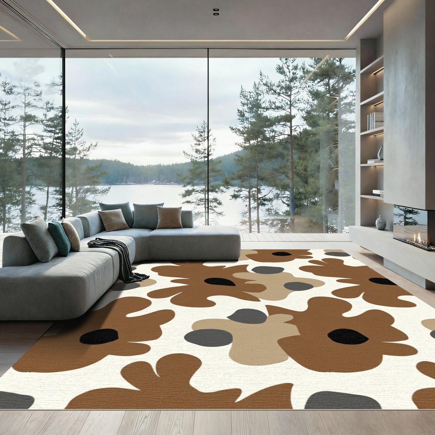 Brown Cream Gray Organic Flower Collage Rug