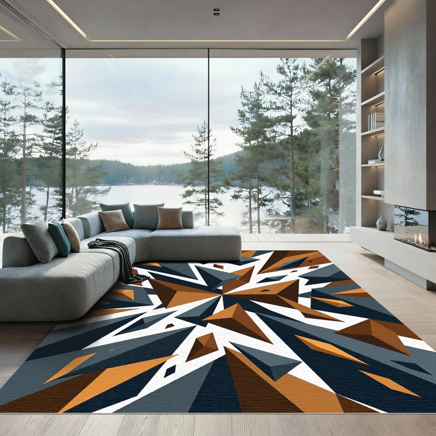 Geometric Navy and Ochre Abstract Shard Rug