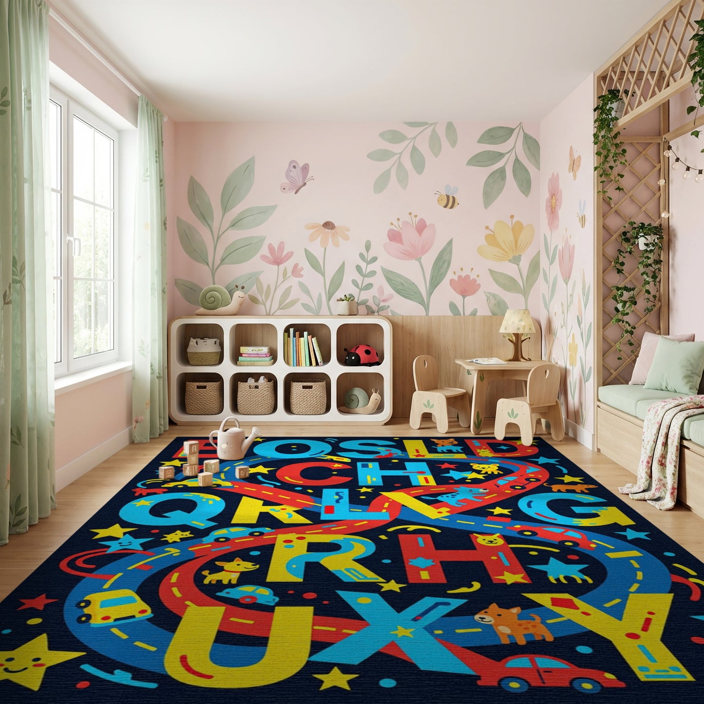 Vibrant Playful Alphabet Cars Animals Rug