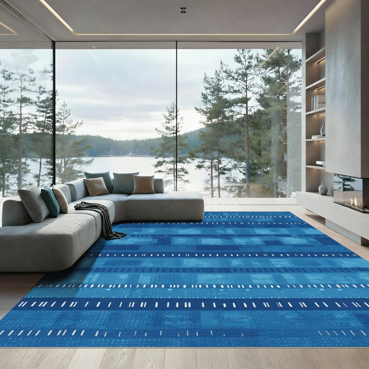 Deep Blue Abstract Geometric Stripe Rug