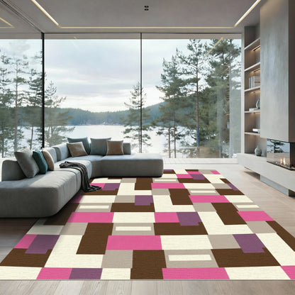 Retro Pink Brown Geometric Blocks Rug