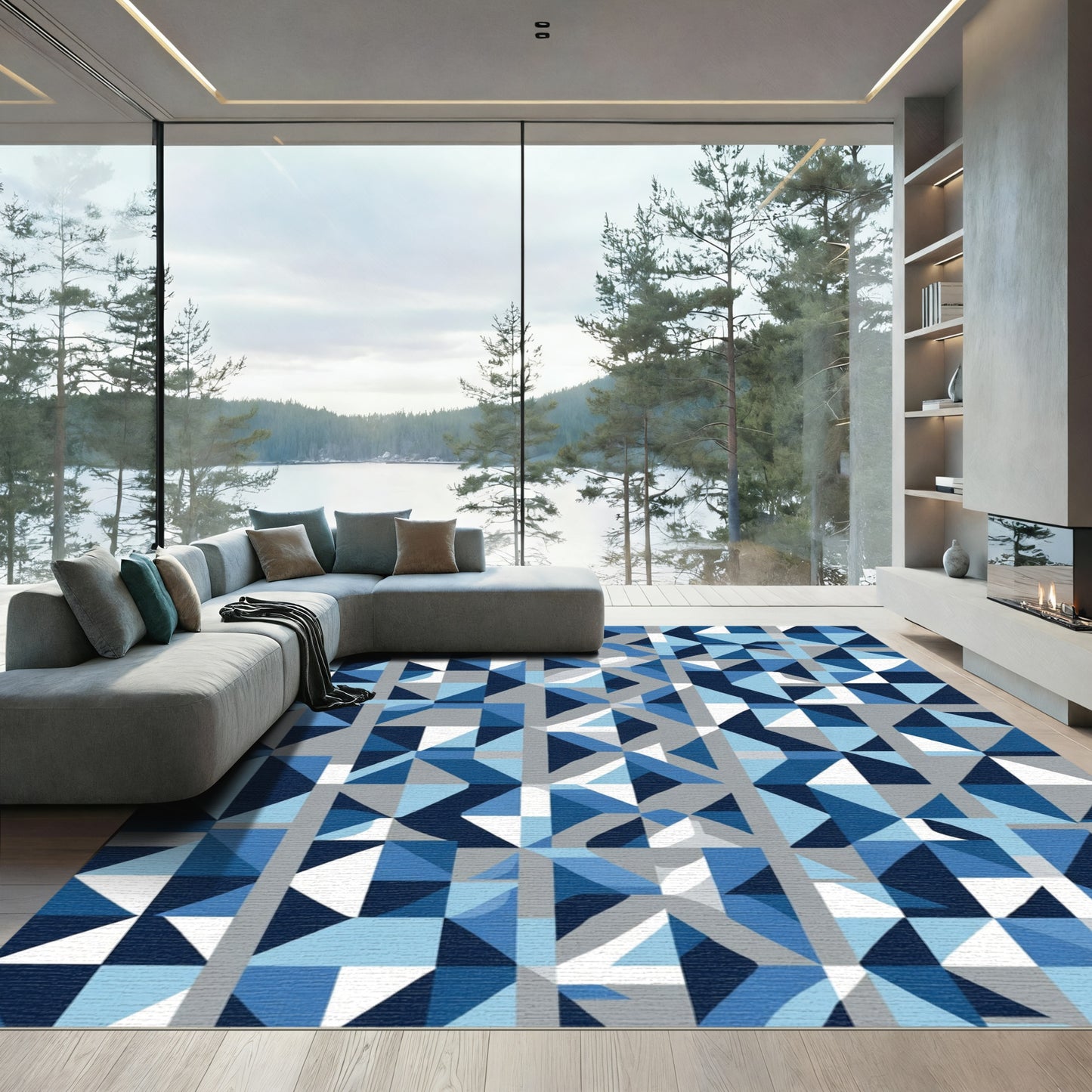 Abstract Blue Geometric Overlay Rug