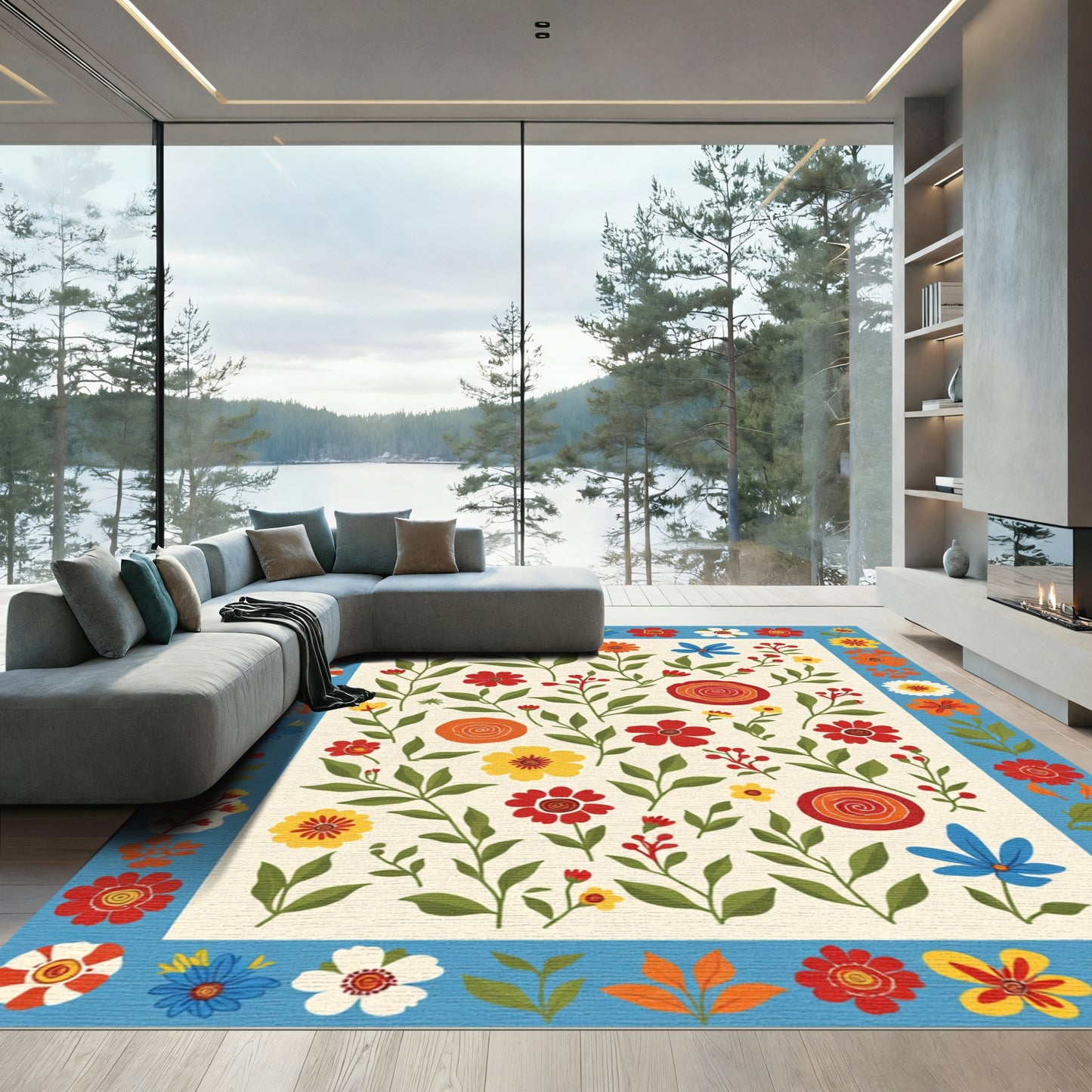Whimsical Red Yellow Blue Floral Vine Rug