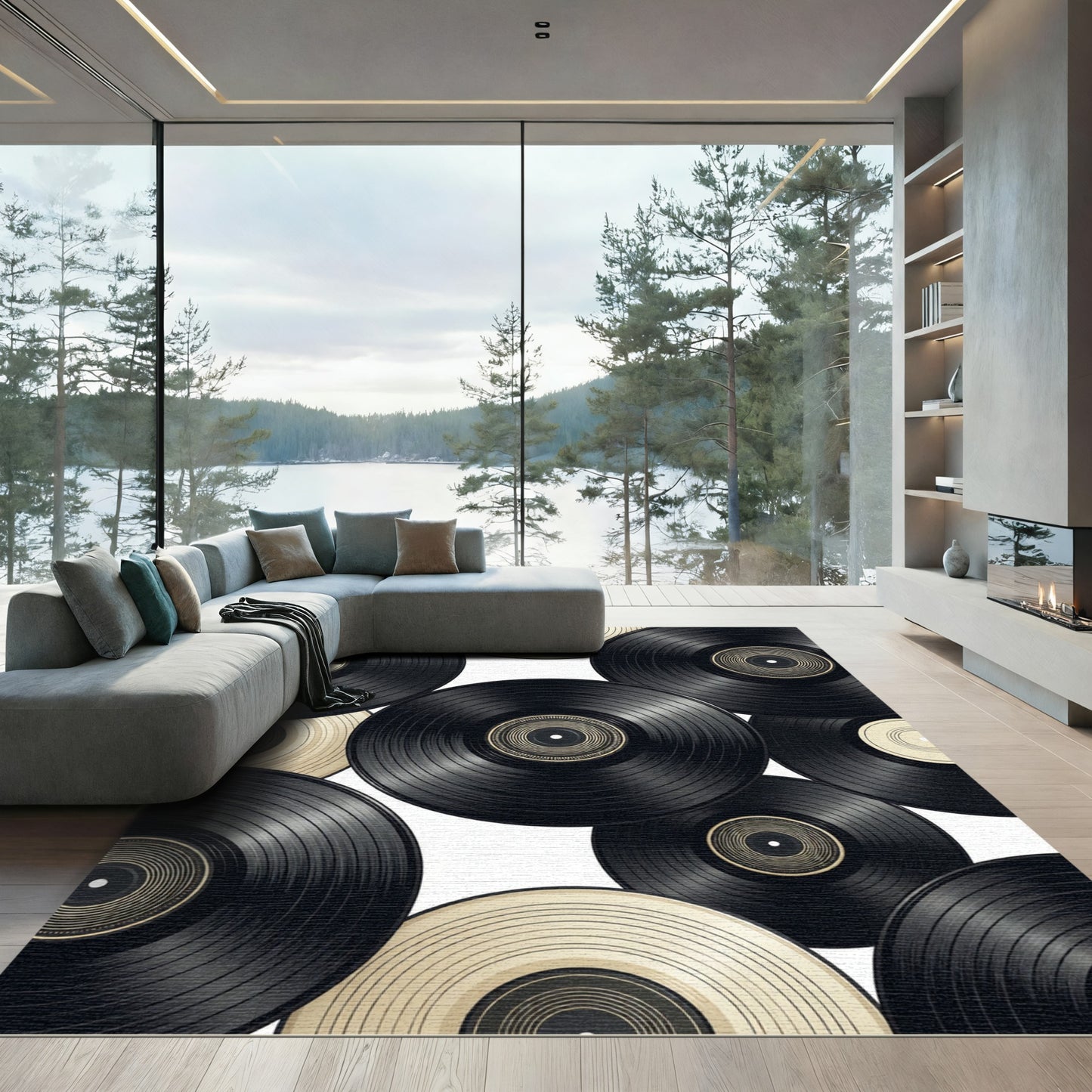 Retro Monochrome Vinyl Record Collage Rug
