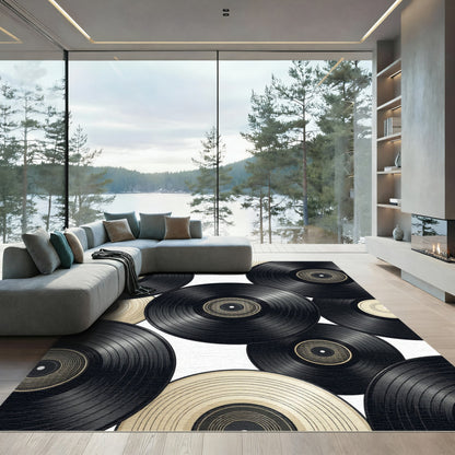 Retro Monochrome Vinyl Record Collage Rug